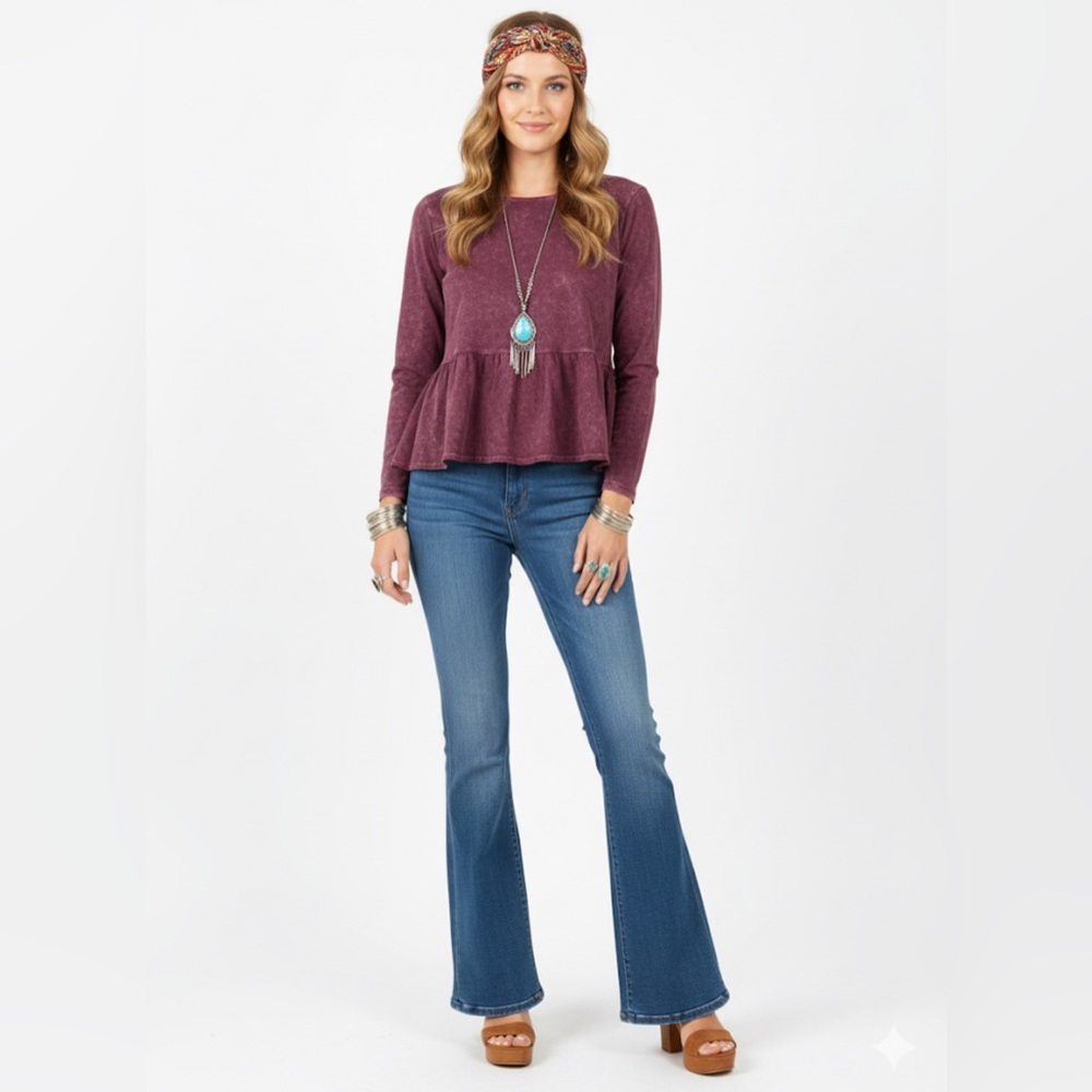 We The Free Maroon Peplum Long Sleeve Top - XS